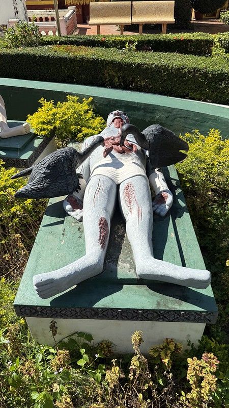 A man lying down with his intestines hanging out and being eaten by 2 black vultures
