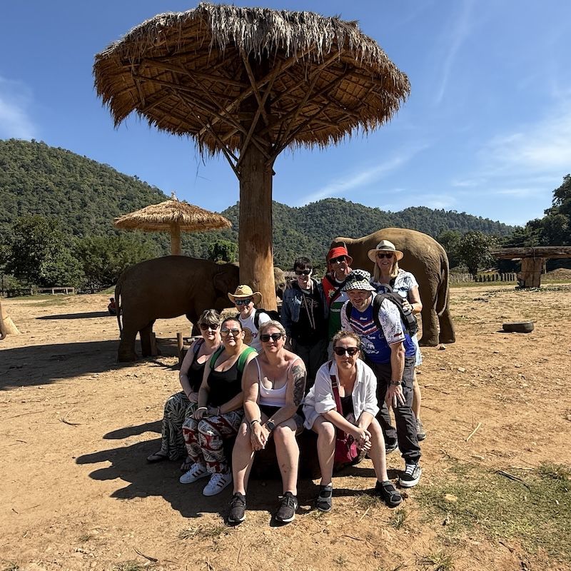 Our group sat on a tractor tyre in front of some elephants
