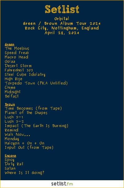 Orbital Setlist Rock City, Nottingham, England, Green / Brown Album Tour 2024