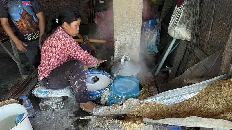 A lady sat in front of a fire steaming rice paper
