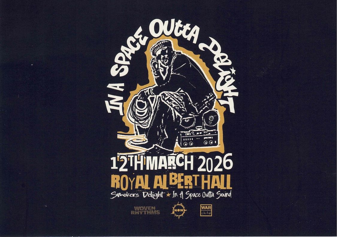 Nightmares on Wax postcard given out at the gig, it pictures George sitting on a reel to reel tape deck beneath it reads 12th March 2026 Royal Albert Hall, Smokers Delight and In a Space Outta Sound